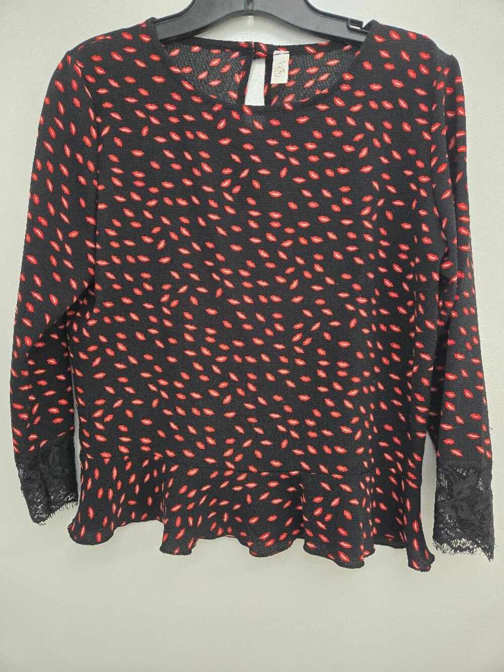 Lokita Milano Black Blouse with Red Lips Made in Italy  Lace Bell Sleeve-Unique